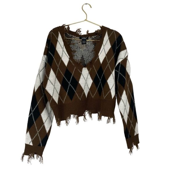 Just Polly Distressed Argyle‎ V-Neck Sweater Brown White L 523 - Picture 1 of 7
